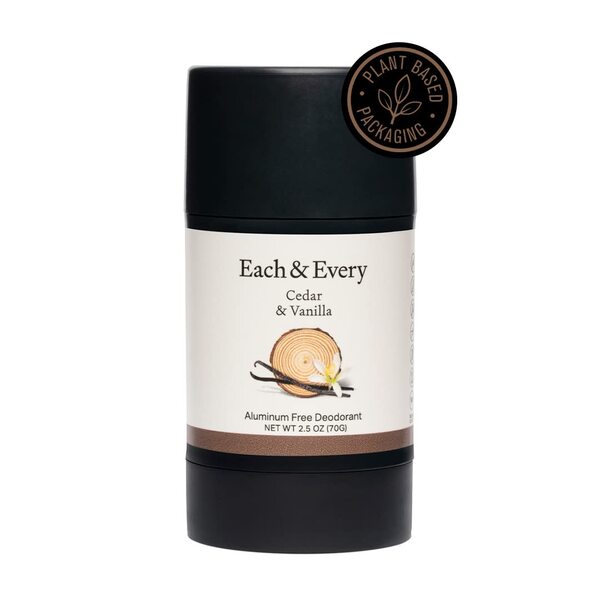 Each & Every Natural Aluminum-Free Deodorant for Sensitive Skin with Essential Oils, Plant-Based Packaging, Cedar & Vanilla, 2.5 Oz.