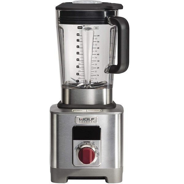 Wolf Gourmet High-Performance Blender, 64 oz Jar, 4 program settings, 12.5 AMPS, Blends Food, Shakes and Smoothies, Red Knob, Stainless Steel (WGBL100S)