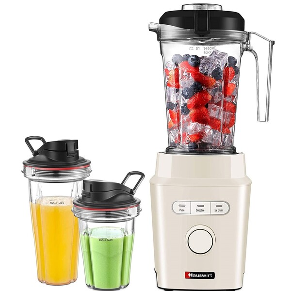 Hauswirt Smoothie Blender for Kitchen,1200W Professional Countertop Blender for Shakes and Smoothies, 3 Presets with 15 Speeds for Ice Crushing and Frozen Fruit Drinks, Tritan BPA-Free 51 Oz Jar, 25 oz & 16 oz to-go Cups, Easy Cleaning Detachable Blades Base, Cream White