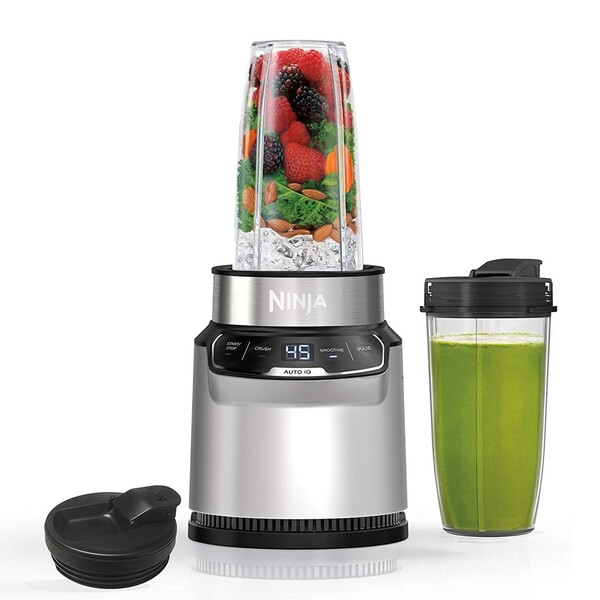 Ninja BN401 Nutri Pro Compact Personal Blender, Auto-iQ Technology, 1100-Peak-Watts, for Frozen Drinks, Smoothies, Sauces & More, with (2) 24-oz. To-Go Cups & Spout Lids, Cloud Silver