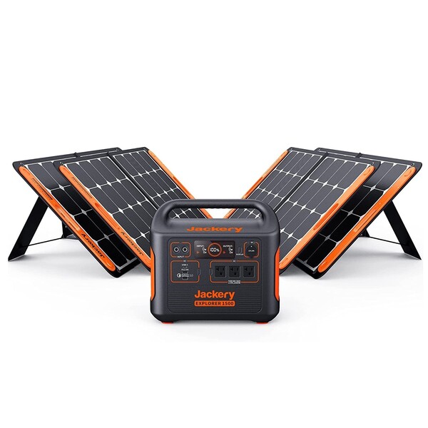 Jackery Solar Generator 1500, 1800W Generator Explorer 1500 and SolarSaga 100W with 3x110V/1800W AC Outlets, Solar Mobile Lithium Battery Pack for Outdoor RV/Van Camping, Overlanding