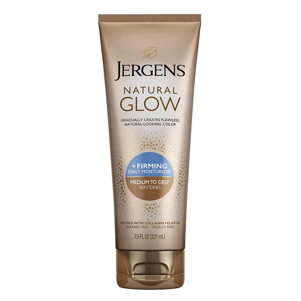 Jergens Natural Glow +FIRMING Body Lotion, Medium to Deep Skin Tone, 7.5 Fl Oz Sunless Tanning Daily Moisturizer, featuring Collagen and Elastin, Helps to Visibly Reduce Cellulite