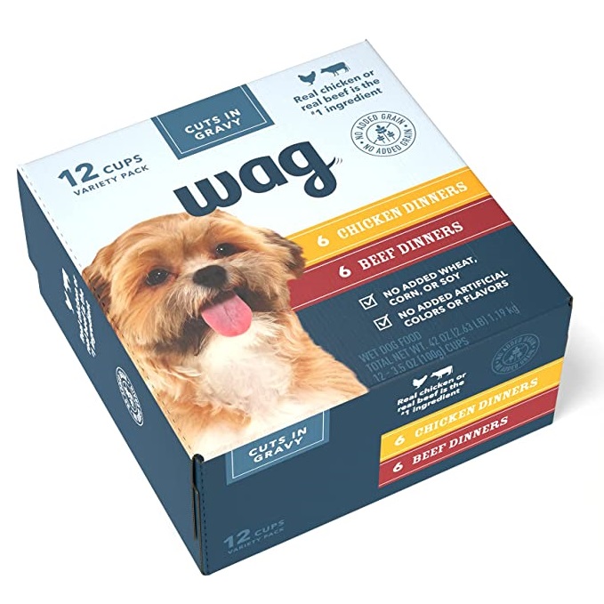 Wag Small Breed Wet Dog Food Cups, Variety Packs (Chicken & Beef in Gravy, Chicken & Lamb Pate), 3.5oz (12 or 24 Pack)