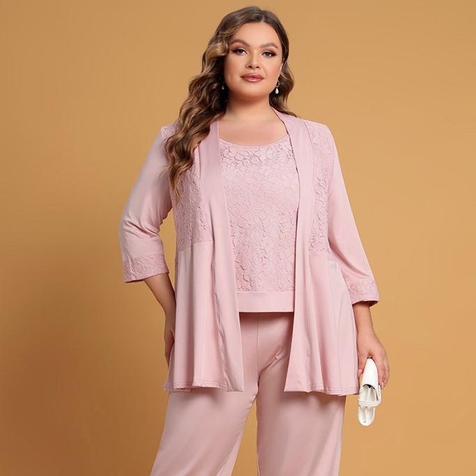 FlyCurvy Clothing Plus Size Mother Of The Bride Mauve Lace 3/4 Sleeve Three Pieces Set Pant 