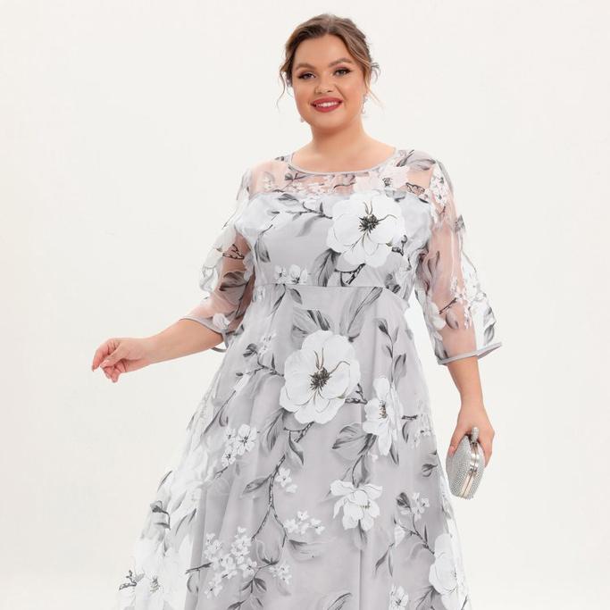FlyCurvy Clothing Plus Size Mother Of The Bride Floral Print Mesh Layered A Line Tunic Midi Dress 