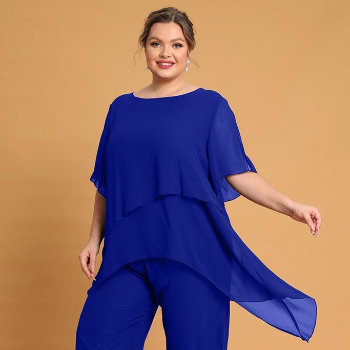 FlyCurvy Clothing Plus Size Asymmetric Hem Split Sleeve Two Pieces Set Pant Suits 