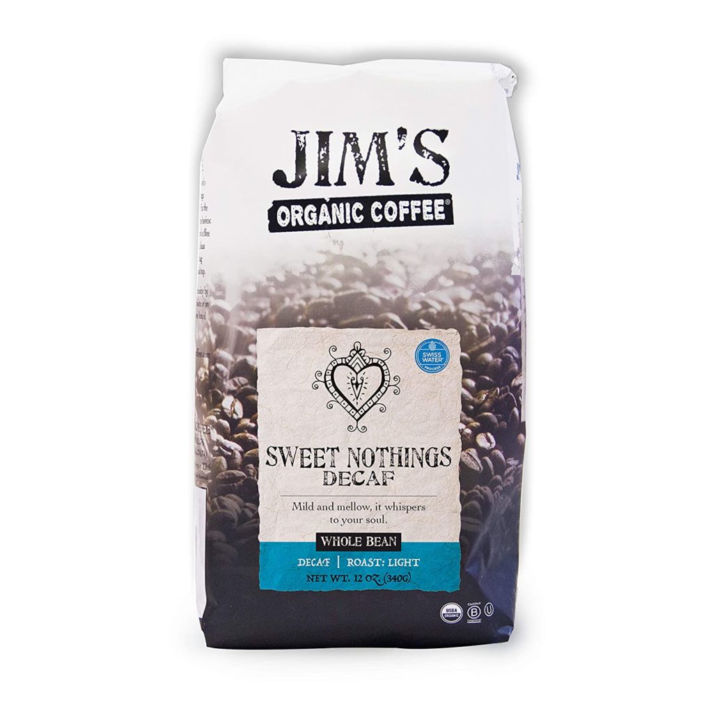 Jim’s Organic Coffee – Sweet Nothings Decaf – Light Roast, Whole Bean, 12 oz Bag