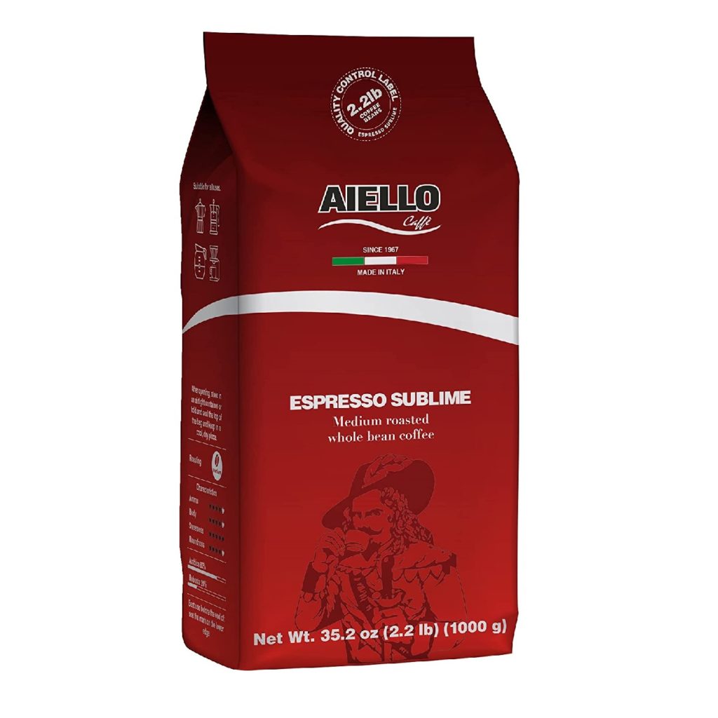 Aiello Caffe Italian Espresso Coffee Beans 2.2 LB Bag, Medium Whole Bean Coffee Freshly Roasted and Blended in Southern Italy, Sublime
