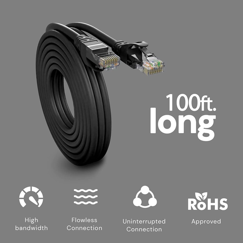 Maxlin Cable Cat6 Ethernet Cable for Gaming Black 100ft LAN Network Patch Cord Wire - High Speed Internet Cable with Clips, RJ45, 24AWG, 500MHz Connectors for Router Modem, Compatible with PS3 PS4 PS5
