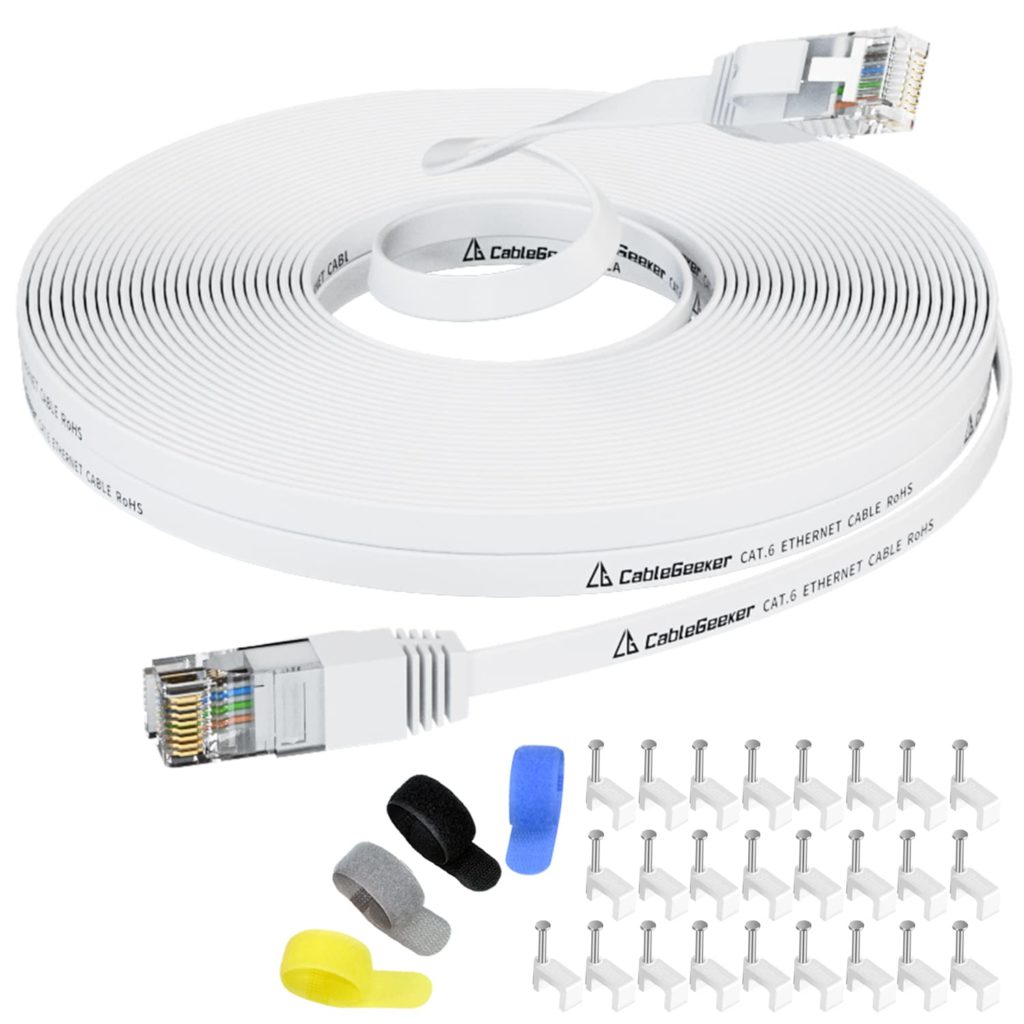 Cat 6 Ethernet Cable 50 ft (at a Cat5e Price but Higher Bandwidth) Flat Internet Network Cable - Cat6 Ethernet Patch Cable Short - White Computer LAN Cable + Free Cable Clips and Straps 