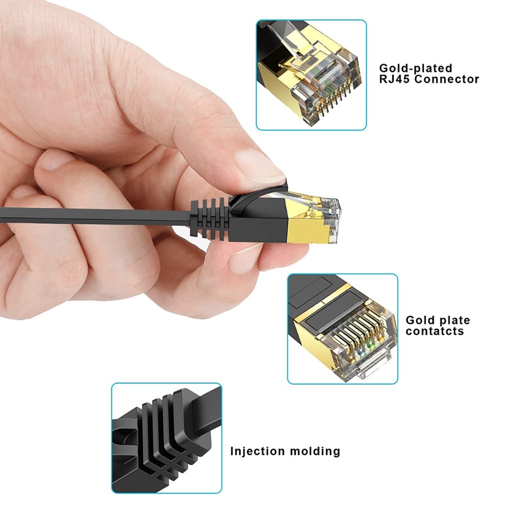 Cat 6 Ethernet Cable 200 ft High Speed, Long Flat Internet Cable with RJ45 connectors, Black LAN Cable with Clips & Straps 