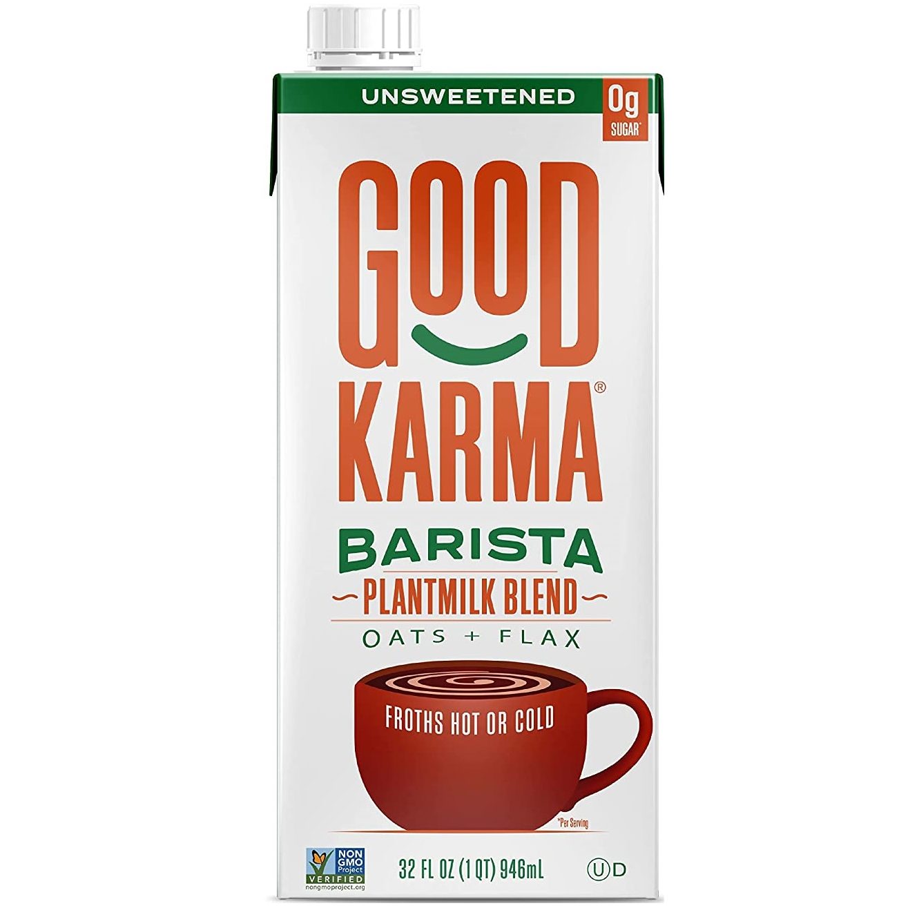 #1 Good Karma Unsweetened Barista Blend Oat Milk Plus Protein and Omega-3, 32 Ounce (Pack of 6), Plant-Based Non-Dairy Milk Alternative, Coffee Creamer with Oats, Flax and Peas, Lactose Free, Vegan, Shelf Stable