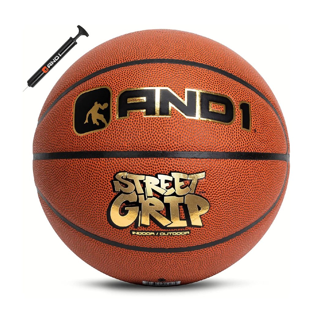 AND1 Street Grip Premium Composite Leather Basketball & Pump Bundle- Official Size 7 (29.5”) Streetball, Made for Indoor and Outdoor Basketball Games 