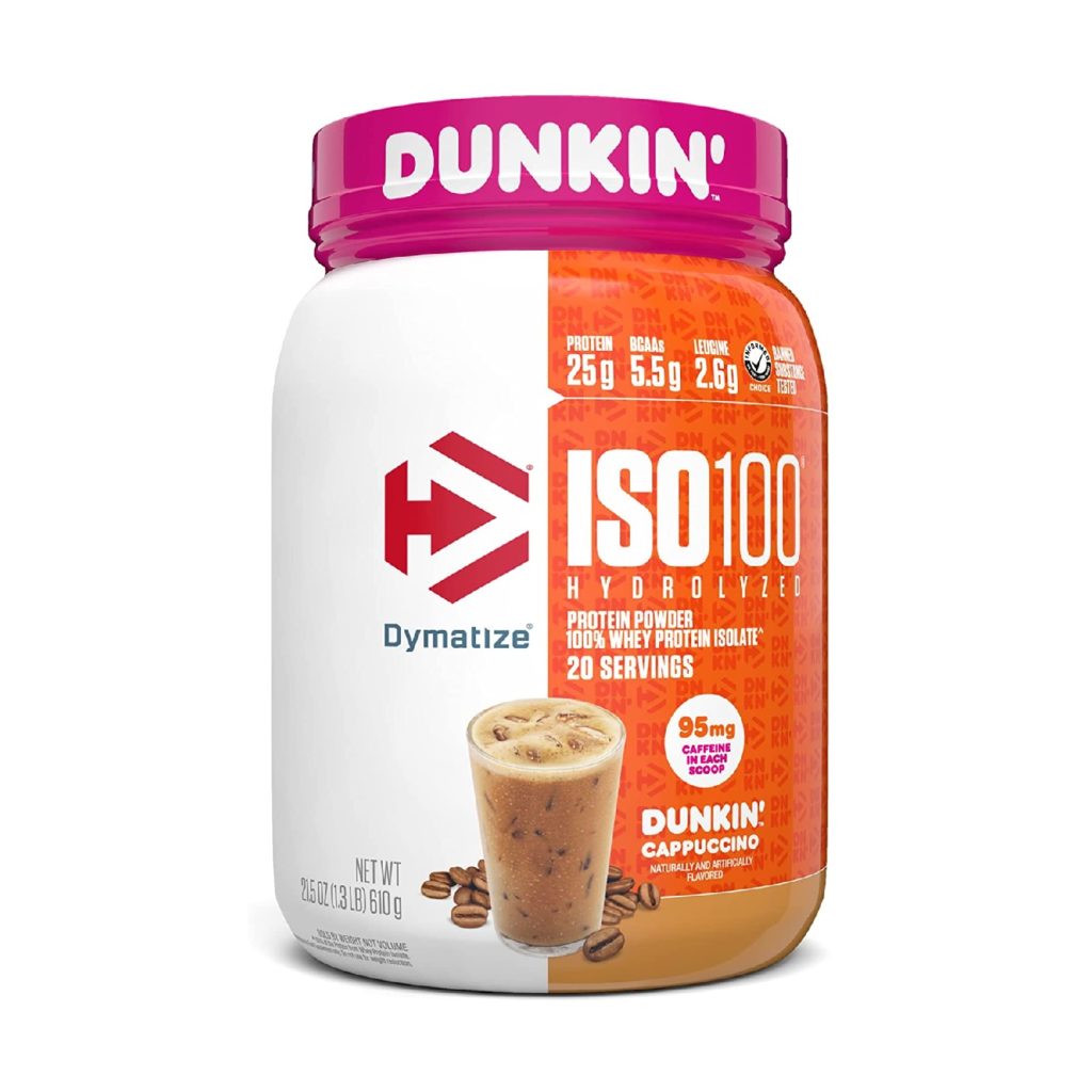 Best Tasting Protein Powder 15 Dymatize ISO100 Hydrolyzed 100% Whey Isolate Protein Powder in Dunkin' Cappuccino Flavor, 25g Protein, 95mg Caffeine, 5.5g BCAAs, Gluten Free, Fast Absorbing, Easy Digesting, 21.5 Oz