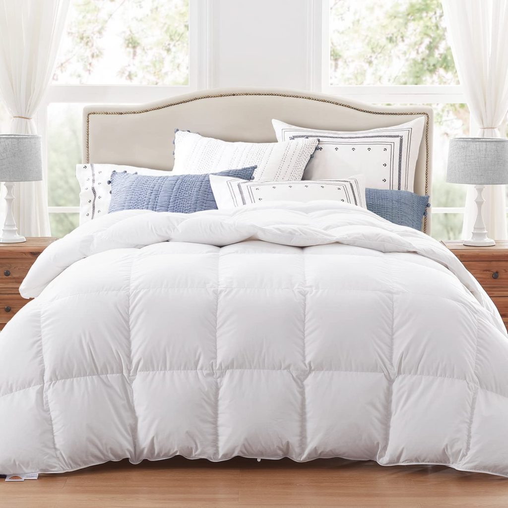 Globon Luxurious Feather Down Comforter King Size,Fluffy Hotel Collection Duvet Insert Medium Warmth for All Season,100% Soft Cotton Shell with Corner Tabs, White(106x90inches)