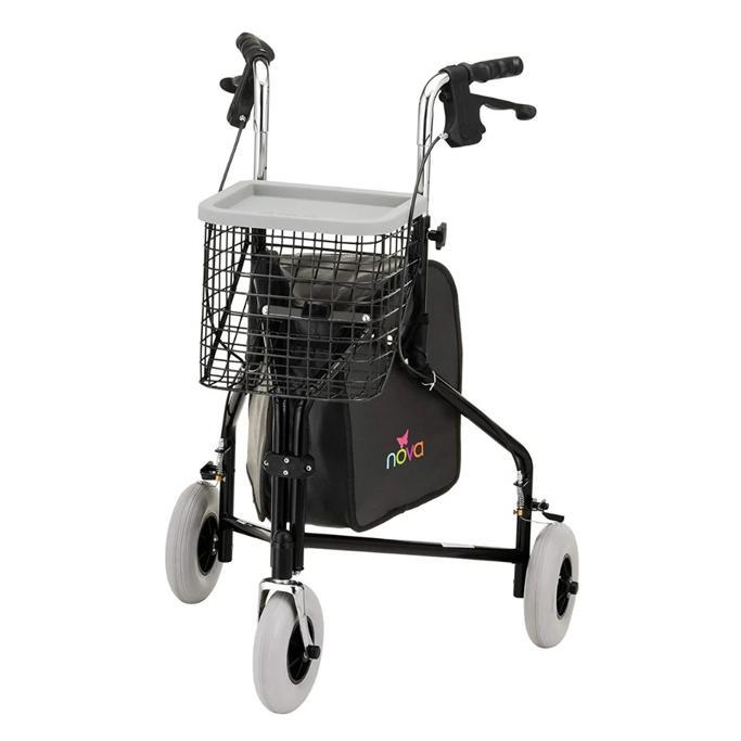 Senior.com Nova Medical Traveler 3 Wheel Rollator Walker - 8” Wheels, Includes Bag, Basket and Tray