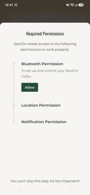 SpotOn Nova app screen: Setup collar