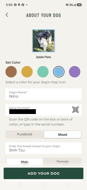 SpotOn Nova app screen: About your dog